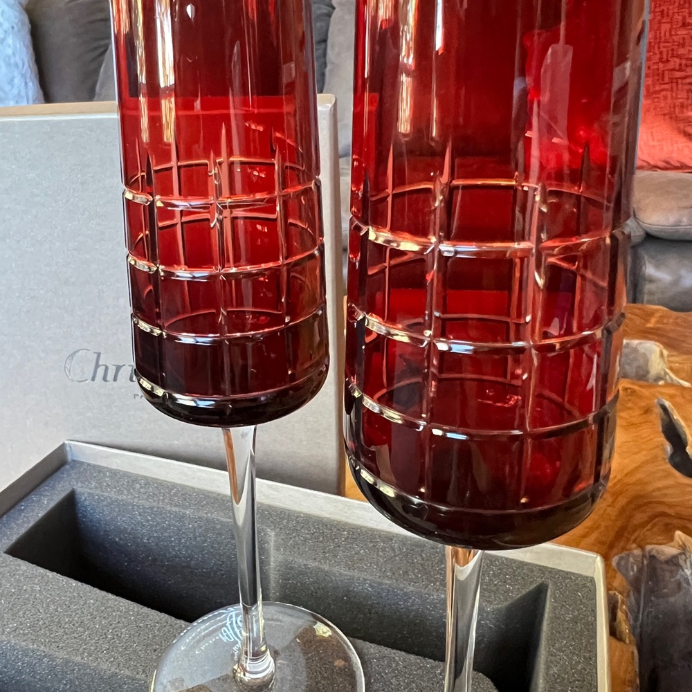 Christofle Crystal Graphik Set of 2 Champagne Flutes Christofle Red - Picture 4 of 7